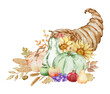 Autumn illustration watercolor cornucopia and pumpkin