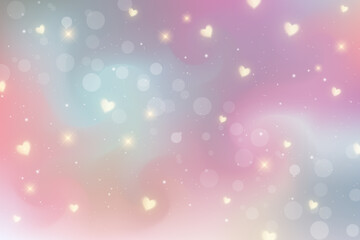 Rainbow fantasy background. Bright multicolored sky with hearts, stars and bokeh. Holographic illustration in pastel violet and pink colors. Cute cartoon girly wallpaper. Vector.
