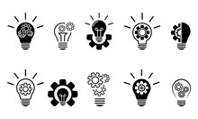 Set Of Light Bulb With Gear Vector Icons. New Creative Idea. Innovation Solution. Lightbulb And Cog. 