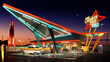 3D Illustration of Mid Century Modern Gas Service Station at Night in the Vintage Googie Style Popular in the 60's and 70's. There is a classic car parked.  All Logos and Graphics are Fictitious.