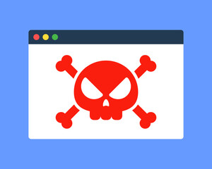 Fototapete - Web browser window with red skull icon. Symbol of dangerous website or dark web. Website with virus or malware. Internet threat or cybercrime concept. Flat cartoon vector technology illustration.