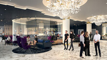 3d Rendering Of A Luxury Hotel Lobby And Bar With People Sitting And Walking In The Room