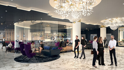 3d rendering of a luxury hotel lobby and bar with people sitting and walking in the room