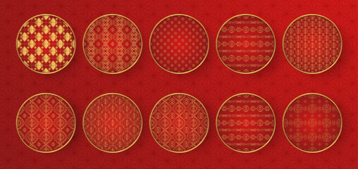 Wall Mural - Red golden traditional chinese round pattern decor set.