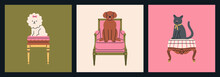 Set Of Posters With Vintage Wooden Chairs And Funny Puppies And A Cat. Luxury Design For Royal Or Museum Interiors Concept. Cute Hand Drawn Vector Illustration Isolated On Colorful Background.
