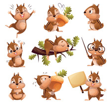 Funny Chipmunk Character With Cute Snout Engaged In Different Activity Vector Set