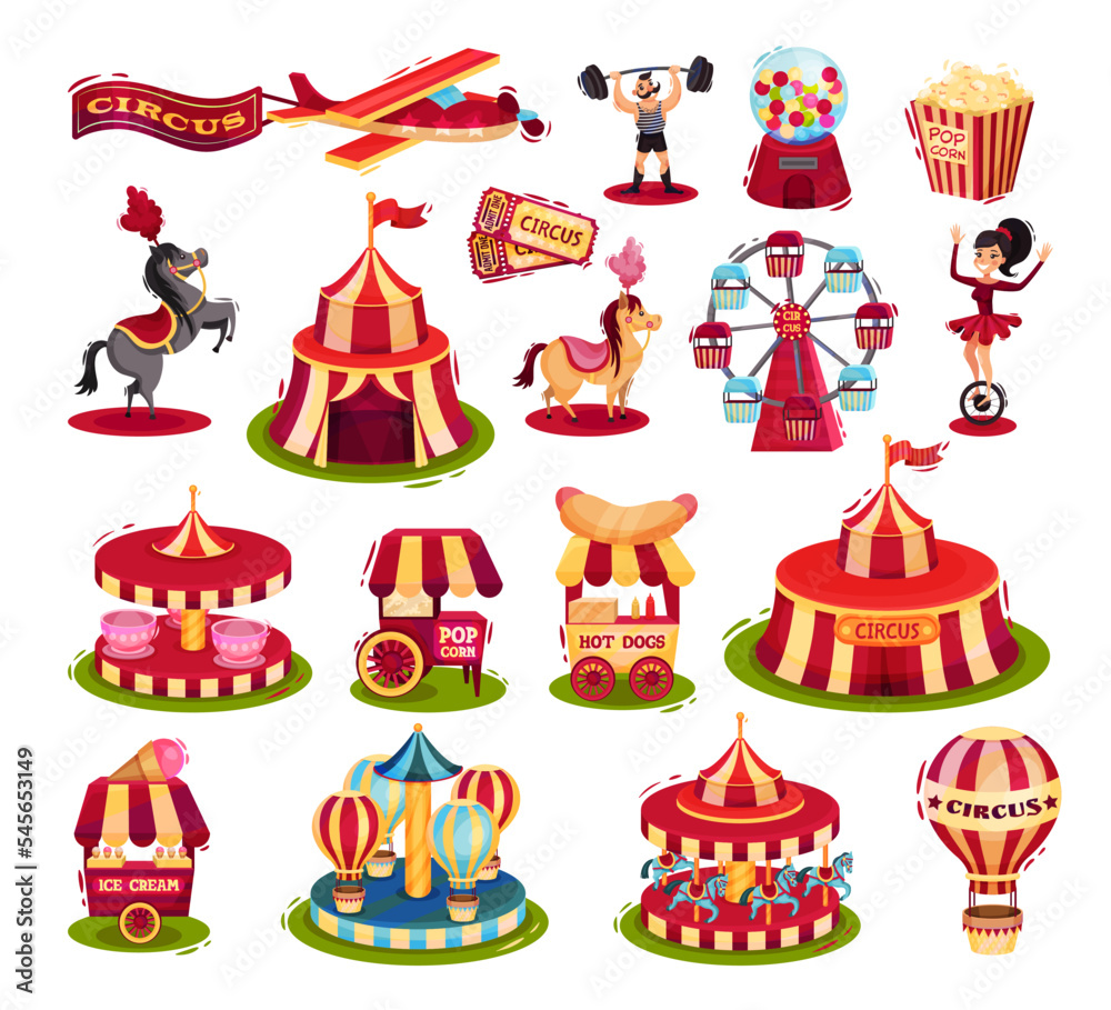 Carnival and circus show objects set. Amusement park elements. Circus ...