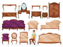 Classic Vintage Furniture Items With Upholstered Sofa, Armchair, Wooden Table And Wardrobe Vector Set