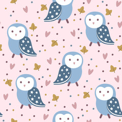Wall Mural - Seamless pattern with cute hand drawn owls, hearts and leaves. Vector illustration.