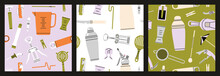 Seamless Patterns Set With Different Bartender Tools: Stirrer, Shaker, Jigger, Corkscrew, Bottle Opener, Liquor Pourer, Strainer Etc. Hand Drawn Vector Illustration. Bar Equipment. Party Concept