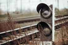 Old Broken Railway Light Signal (traffic Light).  With Autumn Background 