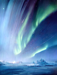 background with northern lights over landscape, aurora borealis, green, teal turquoise, winter, ice,