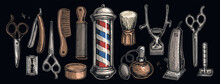 Hairdressers Tools And Barbershop Set Of Objects, Design Elements. Barber Shop And Haircuts Salon Concept