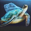 Meeresschildkröte in einer Plastiktüte verheddert, made by AI, künstliche Intelligenz