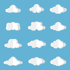 Poster - Different clouds on blue sky in origami design. Collection of white paper cut out cloud icons. Paper cloud. Weather symbols. Vector illustration