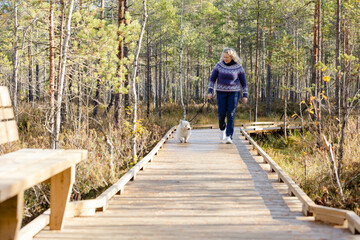 Woman with West Highland white terrier walking on forest trail