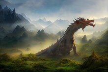Giant Dragon Statue Monument In The Valley Of The Misty Mountains Realm Illustration