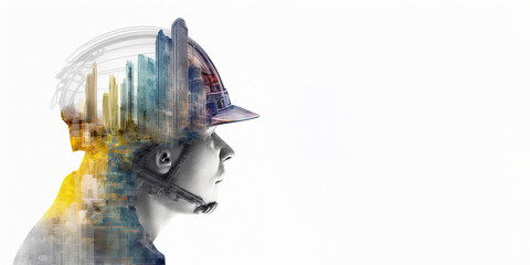 Future building construction engineering project devotion with double exposure graphic design. Building engineer, architect people or construction worker working with modern civil equipment technology