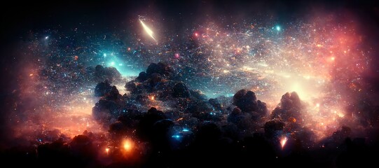 Spectacular iridescent nebula background in outer space deep in the galaxy. Digital art 3D illustration glowing colorful light lay in the star cluster for scientific study or research.