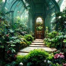 Impossible Gardens Lush Photo Realism Magic Mysterious Plants Ornate Birds Flowers Hanging Moss Verdant Grand Sprawling Conservatory View Of Entrance