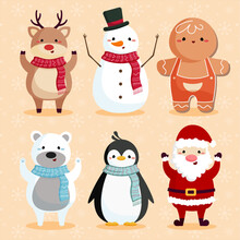 Vector Christmas Cute Characters. Christmas Set With Santa Claus, Gingerbread, Snowman, Reindeer, Penguin, And Polar Bear Vector Illustration.