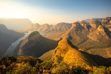 Blyde River Canyon, The Largest Green Canyon In The World, Fragment Of The Panorama Route And The Three Rondavels (three Dolomite Peaks On The Right), South Africa.	