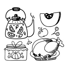 Hand drawn picnic elements. Kettle, pumpkin, chicken, jam. Vector illustration isolated on white background.