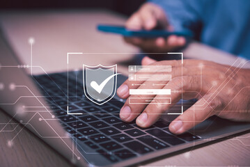 Aufkleber - business man using smart phone pin access highly secure login on laptop,virtual login screen information,secure Internet access, cybersecurity