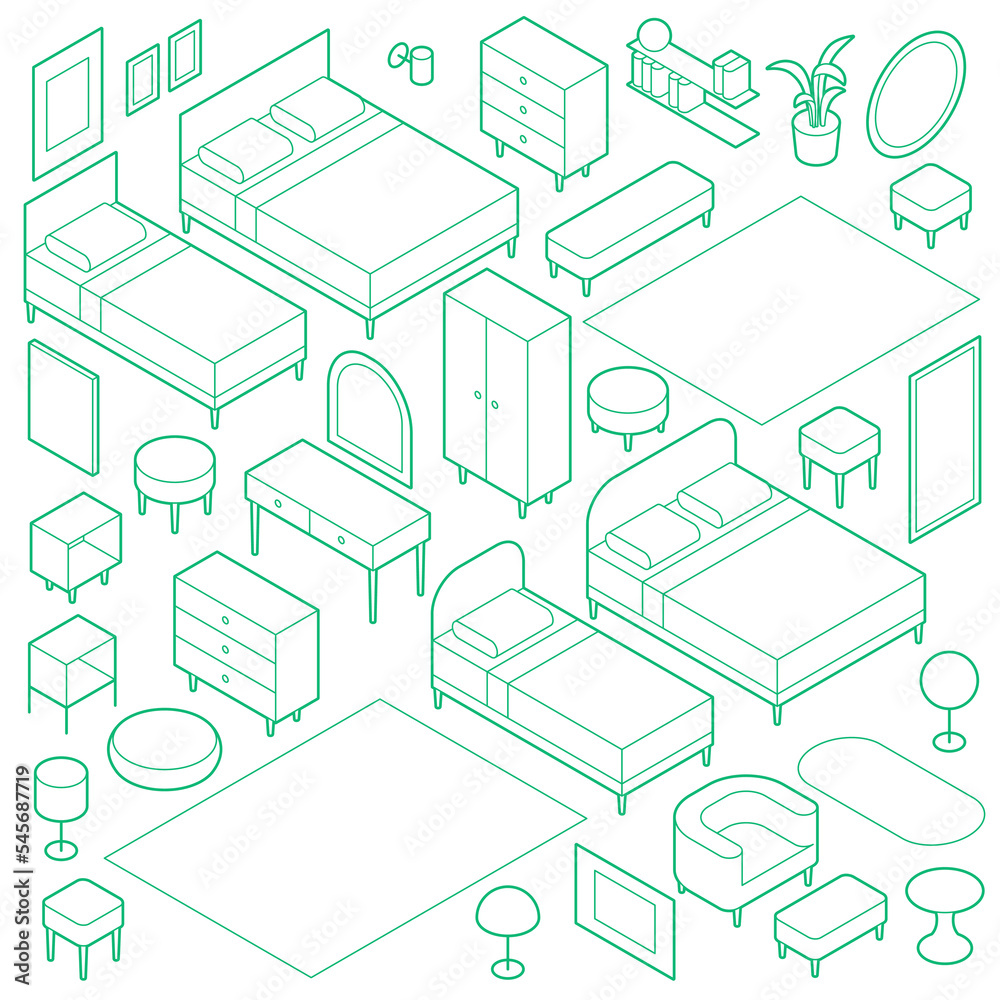 Isometric Bedroom Outline Furniture Set Stock Vector | Adobe Stock