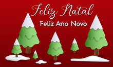 Cartão Ou Banner Para Desejar Um Feliz Natal E Um Feliz Ano Novo Em Branco Sobre Um Fundo Vermelho Com Pinheiros Nevados E Neve No Chão