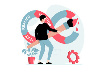 Leinwandbilder - DevOps concept with people scene in flat design. Man creating software and working in team, using agile project management and optimizing workflow. Illustration with character situation for web