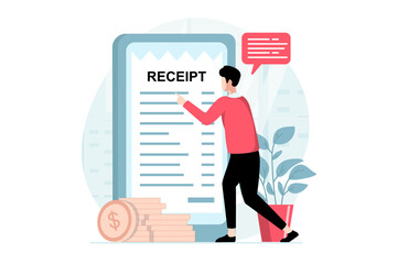 Poster - Electronic receipt concept with people scene in flat design. Man receives digital invoice and paying online using mobile banking application. Illustration with character situation for web