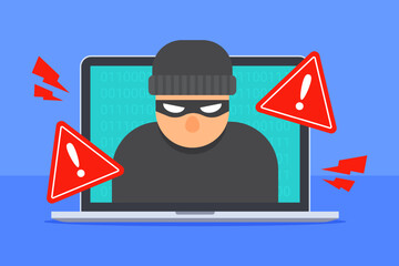 Fototapete - Hacker inside laptop. System security warning alert. Concept of cybercrime, cyber threat, phishing attack, data breach, or computer hacking. Flat cartoon icon design. Technology vector illustration.