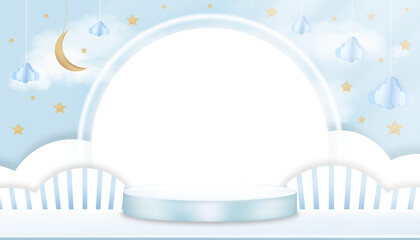 Baby shower background on Blue Sky and Cloud,Vector cute greeting card with 3D Podium,Paper Cut Origami Cloudscape,Crescent Moon and Stars on Blue backgroundand with Copy Space for Baby Photo