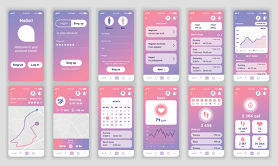 set of ui, ux, gui screens fitness app flat design template for mobile apps, responsive website wire