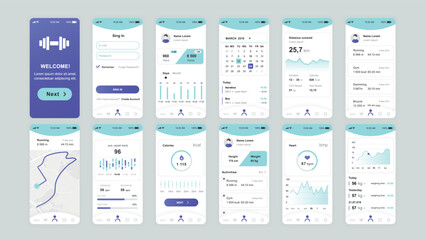 Set of UI, UX, GUI screens Fitness app flat design template for mobile apps, responsive website wireframes. Web design UI kit. Fitness Dashboard.