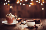Hot chocolate on dark wooden table, festive lights background