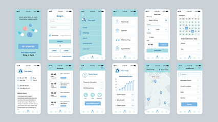 Set of UI, UX, GUI screens Medicine app flat design template for mobile apps, responsive website wireframes. Web design UI kit. Medicine Dashboard.