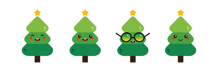 Wall Mural - Set, collection of cute, smiling green christmas trees with golden stars characters for Christmas celebration design.
