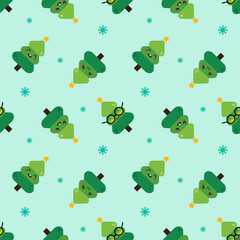 Wall Mural - Cute green christmas tree characters vector seamless pattern background for winter holidays, Christmas design.
