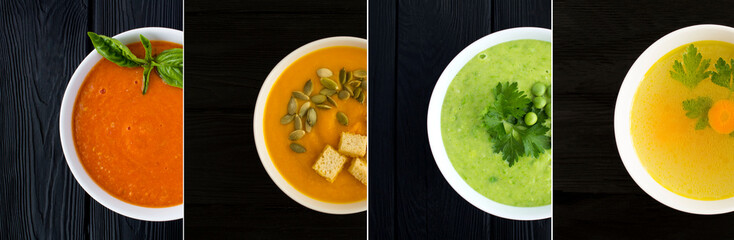 Food collage of various types of soup on the black background. Top view.