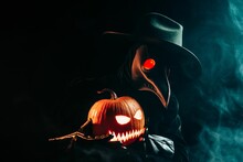Plague Doctor With Pumpkin Lantern On Black Smoke Background.