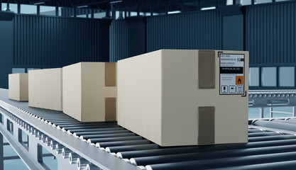 Poster - Production conveyor line with boxes. Cardboard boxes with flammable products. Product conveyor inside factory. Manufactory production line without anyone. Conveyor inside plants hangar. 3d rendering.