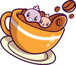 Pair of cute cartoon candies cheering in a cup of coffee on a white background