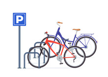 Bicycle Parking. Modern Bicycles At Parking Sign. Vector Illustration.