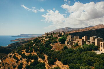 Sticker - Beautiful castles on the forested sea hills in Vathia, Greece