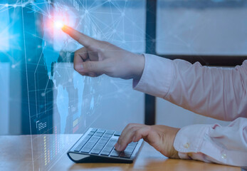 Businessman press on digital screen interface big data analytics and business intelligence (BI) concept for system engineering, binary code programming, business strategy concept.
