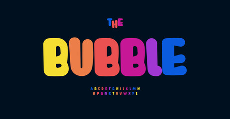 Bright rainbow color font, bold bubbles letters, cartoon colorful alphabet for toys logo, festive headline, childhood art, creative ABC kid birthday. Round fun comic typographic design