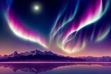 Wall Mural - aurora borealis on the norway. green northern lights above mountains. night sky with polar lights. n