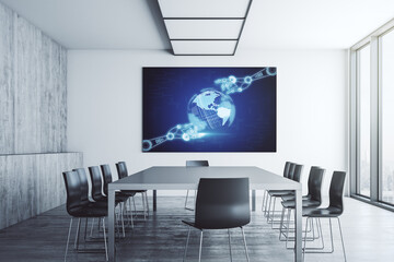 Aufkleber - Creative abstract robotics technology hologram with globe on tv display in a modern presentation room, artificial intelligence and machine learning concept. 3D Rendering